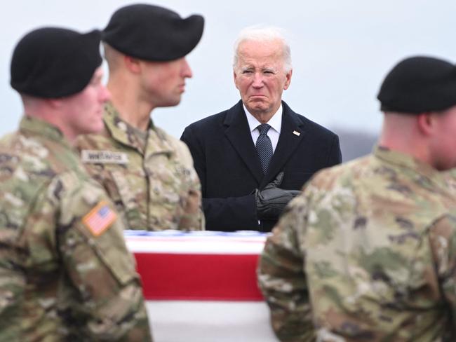 US President Joe Biden attends the dignified transfer of the remains of three US service members killed in the drone attack on the US military outpost in Jordan, at Dover Air Force Base in Dover, Delaware, on February 2. Picture: AFP