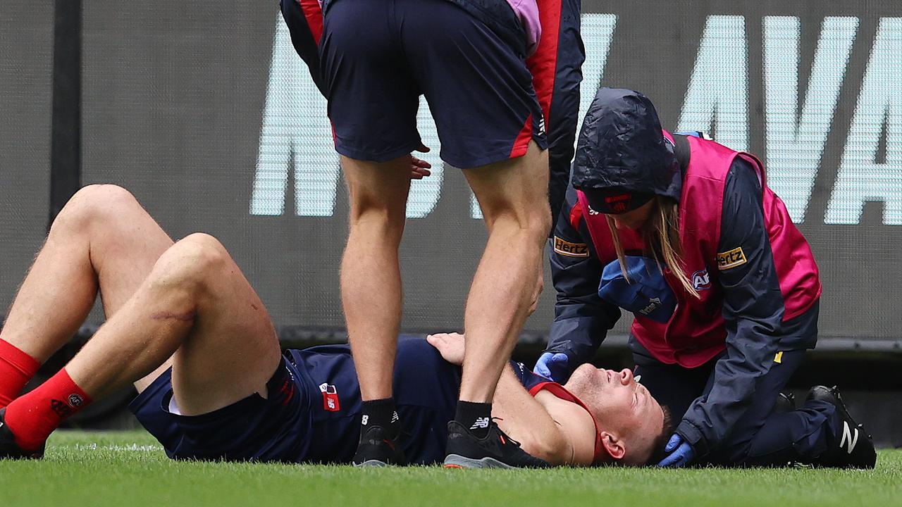 Steven May suffered a fractured eye socket after a collision with Geelong’s Tom Hawkins Picture: Michael Klein