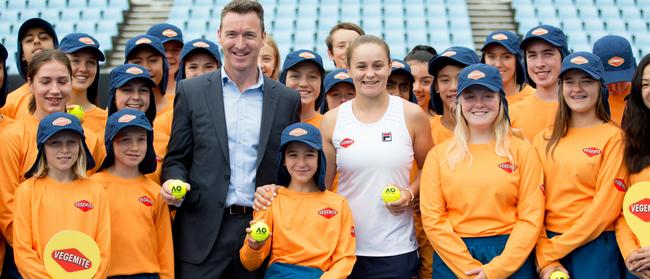 Ashleigh Barty joins Australian Open ball kids for announcement of partnership with vegemite. Picture: supplied 