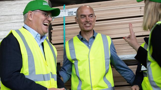 Prime Minister Scott Morrison visits Neville Smith Forest Products is Tasmania in the electorate of Bass today. Picture: Jason Edwards