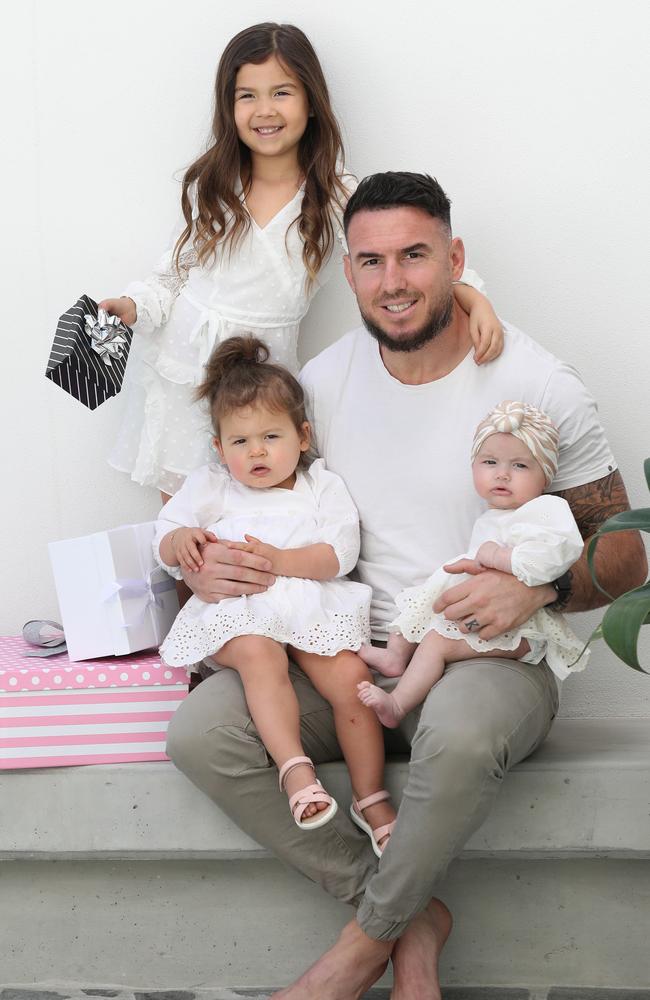 Darius Boyd with Willow 5yrs, Romi 23mnths and Mia 5mnths old talks about Fathers Day. Picture: Annette Dew