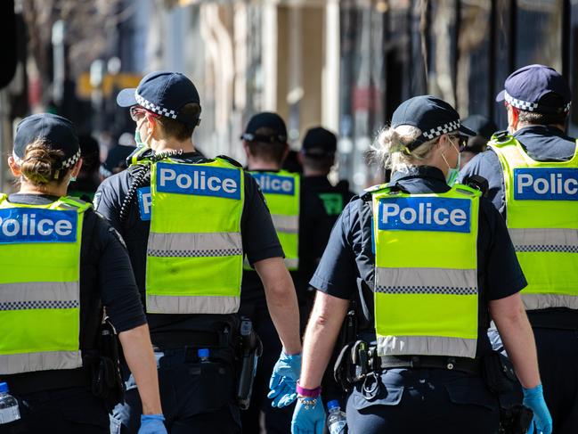 MELBOURNE, AUSTRALIA - NewsWire Photos - AUGUST, 21, 2021:  Police out in force in Melbourne as the Freedom Rally protest gets underway. Picture: NCA NewsWire/Sarah Matray