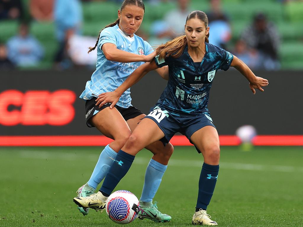 Major teen talent Indiana dos Santos of Sydney FC was under pressure from Bryleeh Henry of Melbourne City during the A-League Women Grand Final match but Sydney FC ultimately prevailed. Picture: Robert Cianflone/Getty Images