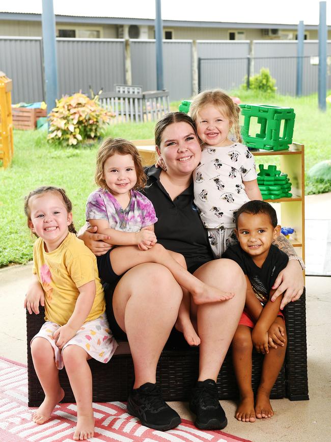 Milestones Early Learning Cranbrook educator, Taylah Draper with Daisy, 3, Cynthia, 3, Ella, 3, and Leo, 2. Picture: Shae Beplate.