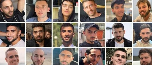 Eighteen of the 24 hostages still held by Hamas: Top from left: Elkana Bohbot, Matan Angrest, Edan Alexander, Avinatan Or, Yosef-Haim Ohana, Alon Ohel. Second row, from left: Evyatar David, Guy Gilboa-Dalal, Bipin Joshi, Rom Braslavski, Ziv Berman, Gali Berman. Third row, from left: Omri Miran, Eitan Mor, Segev Kalfon, Nimrod Cohen, Maxim Herkin, Eitan Horn. Bottom row, from left: Matan Zangauker, Bar Kupershtein, David Cunio, Ariel Cunio, Tamir Nimrodi, Pinta Nattapong.