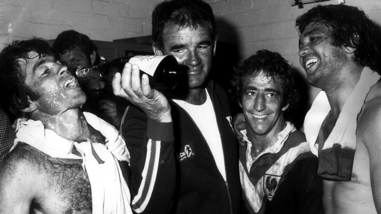 Easts coach Jack Gibson (2nd L) celebrates with John Peard, Barry Reilly and Arthur Beetson after their grand final win over Canterbury in 1974.