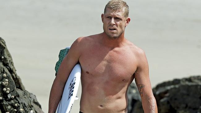 Three time world champ Mick Fanning hit the waves at his local break Snapper Rocks. Picture: Luke Marsden.