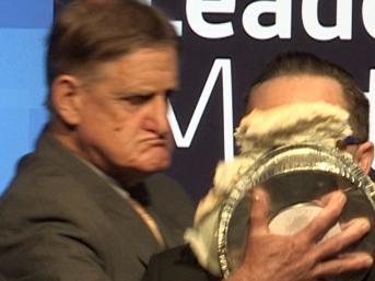 NOTE AUSTRALIAN NEWSPAPER OUTQantas CEO Alan Joyce has cream pie on his face after being attacked by a man who came from back stage while addressing a West Leadership Matters breakfast at the Hyatt Regency hotel in Perth.Picture The West Australian