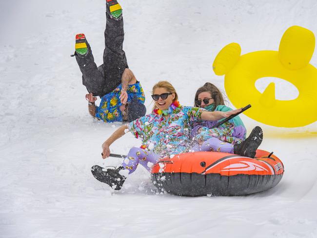 Tom Gibbs, Ruby Walton and Kat Milner flip, flop and crash. Picture: Jason Edwards