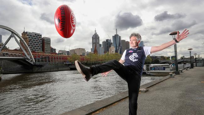 A passionate Carlton fan, Hughesy was helped by Blues legend Chris Judd. Picture: Alex Coppel.