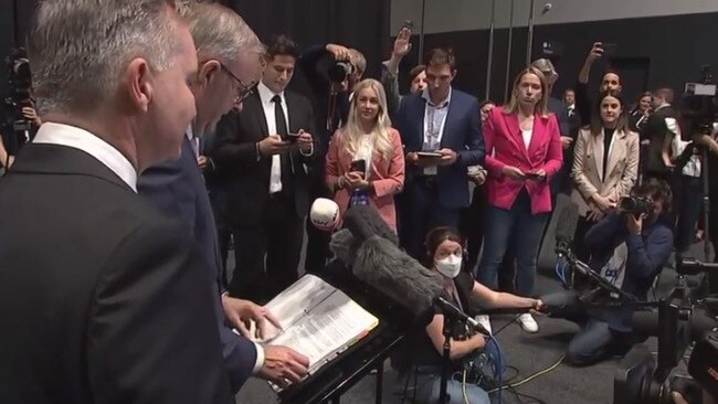 Anthony Albanese reading from a document during Thursday’s press conference. Picture: Sky News Australia