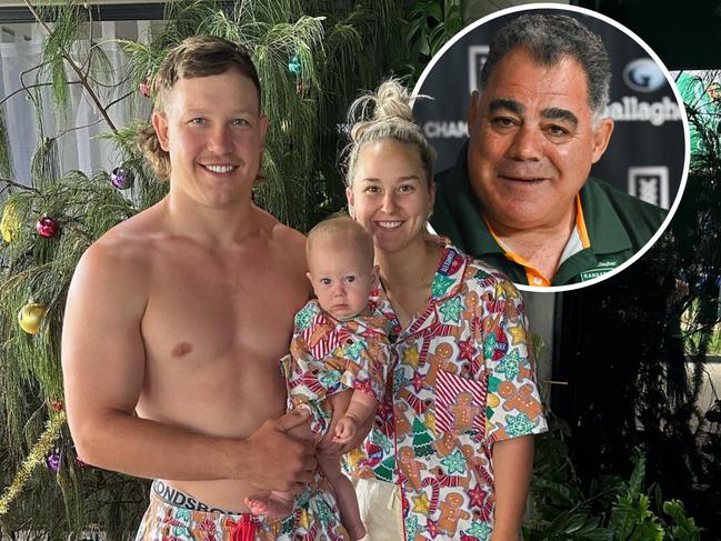 Reuben Cotter with wife Mackenzie and daughter Sunny and (inset) Kangaroos coach Mal Meninga. Picture: Instagram / NRL Imagery