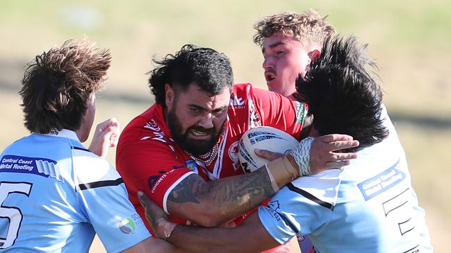 Kincumber’s David Fifita faced off with brother and Woy Woy coach Blake McLean in round three. Picture: Sue Graham