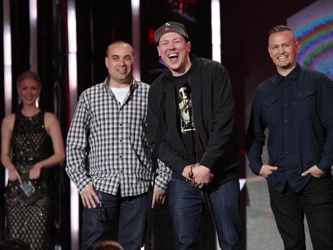 Hilltop Hoods receives the Best Live Act Award at the 2016 ARIA Music Awards held at The Star in Pyrmont. Picture: Christian Gilles