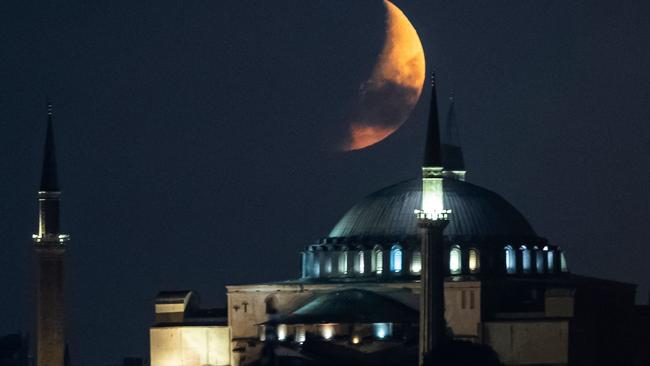 A crescent moon over Hagia Sophia in Istanbul on Saturday. Picture: AFP