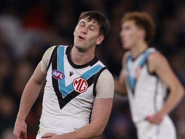 Zak Butters after missing a goal. Picture: Darrian Traynor/Getty Images