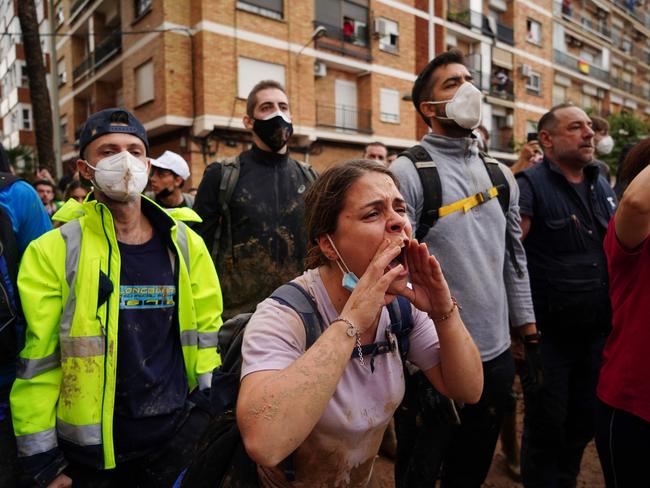 Angry residents of Paiporta shout during King Felipe VI of Spain's visit to this town, in the region of Valencia. Picture: AFP