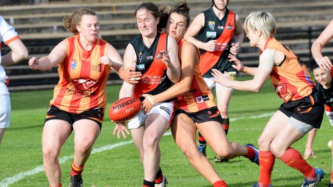 Action from this year’s SA Women’s Football League grand final between Morphetville Park and West Adelaide. Picture: Greg Higgs