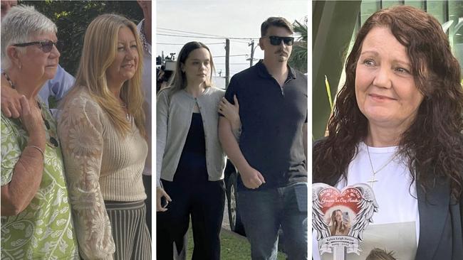 TRIPLE FATAL VICTIM IMPACT STATEMENTS: The grieving family of nurse Sheree Robertson (left), crash survivor Kaylah Behrens (centre with husband) and Susan Marquis (right), mother of Kelsie Davis, 17 outside Hervey Bay Magistrates Court.