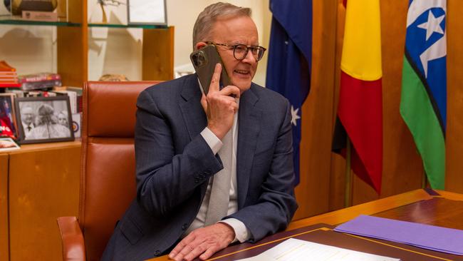 Prime Minister Anthony Albanese talks to Julian Assange as he arrives back in Australia. Picture: PMO