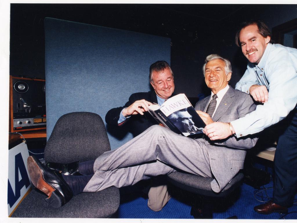 Bob Hawke with radio commentators Ken Cunningham and the late David Hookes at Radio 5AA in Adelaide in 1994.