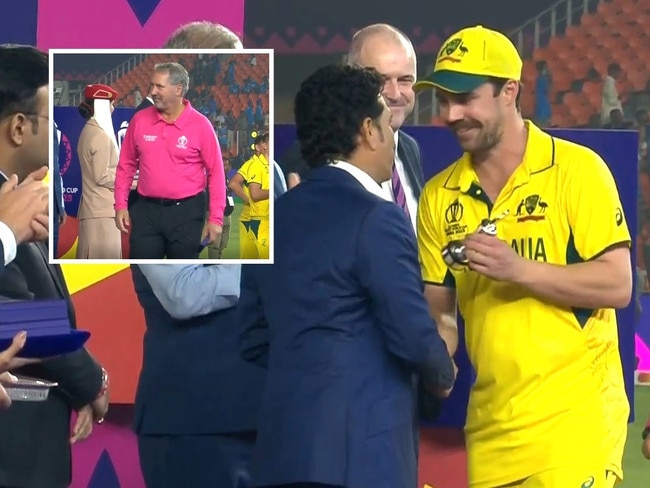 Travis Head accepts the man of the match trophy after the match officials were boed. Photo: Fox Cricket.