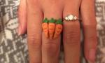 <b>Carat or Carrot?</b> 
<p>This guy presented his long suffering girlfriend with the ring she requested - a three-CARROT ring. Who needs diamonds when you have a vegetable arrangement taking up residence on your ring-finger?</p>