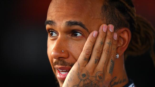 BAKU, AZERBAIJAN - JUNE 11: Seventh placed qualifier Lewis Hamilton of Great Britain and Mercedes talks to the media in the Paddock after qualifying ahead of the F1 Grand Prix of Azerbaijan at Baku City Circuit on June 11, 2022 in Baku, Azerbaijan. (Photo by Dan Mullan/Getty Images)