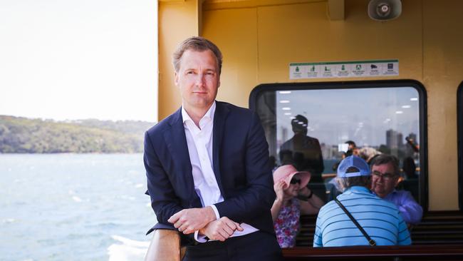 James Griffin, Manly MP, on one of the Manly ferries during a protest he organised to save two of them. Picture: Dylan Robinson