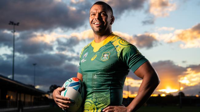 Wallabies fullback Kurtley Beale models the indigenous jersey the team will wear against Uruguay. Picture: Rugby AU Media/Stuart Walmsley