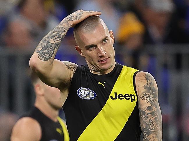 PERTH, AUSTRALIA - JUNE 13: Dustin Martin of the Tigers looks on during the round 14 AFL match between the West Coast Eagles and the Richmond Tigers at Optus Stadium on June 13, 2021 in Perth, Australia. (Photo by Paul Kane/Getty Images)