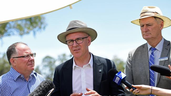 Premier Jay Weatherill with Water Minister Ian Hunter (left) speaks to the media at the Murray River in Loxton. Picture: Tom Huntley