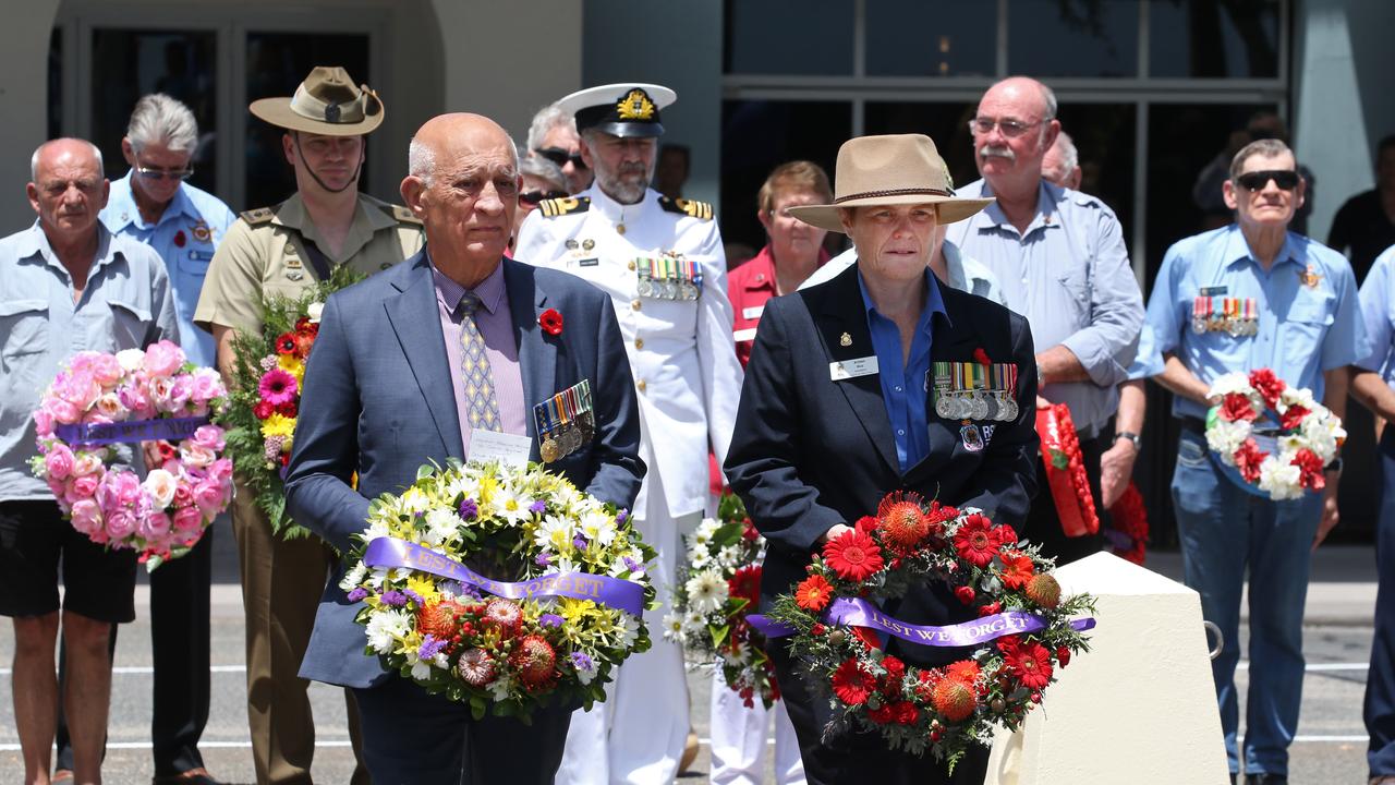 Cairns Mayor Bob Manning and Cairns RSL Sub-Branch Kirsten Rice lay wreaths at the Remembrance Day commemorations at the Cairns Cenotaph PICTURE: ANNA ROGERS