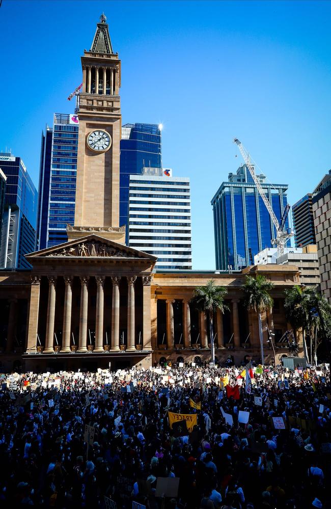 Demonstrators attend a Black Lives Matter protest in Brisbane. Picture: Patrick Hamilton/AFP