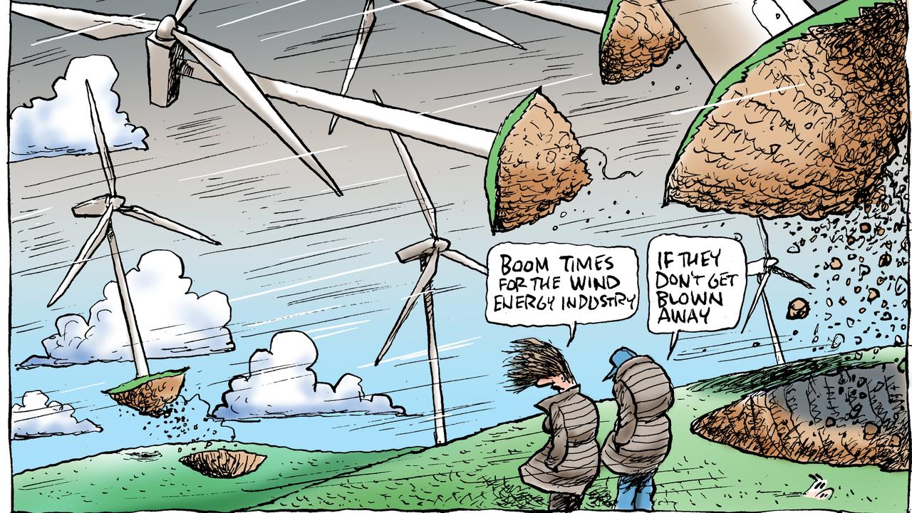 Mark Knight's wind turbine cartoon imagines the massive structures ripped from the earth and airborne in response to the week's wild weather in multiple states. Picture: Mark Knight