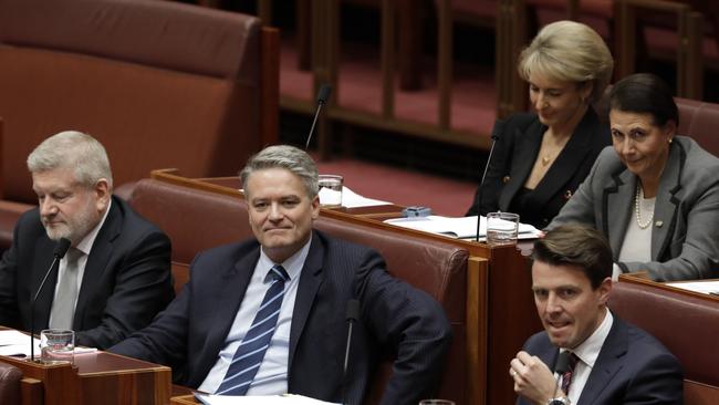 Recently resigned Ministers Mitch Fifield, Former Leader of the Senate Mathias Cormann, Michaelia Cash and Concetta Fierravanti-Wells on the backbench of the Senate yesterday. Picture: Sean Davey.