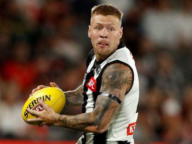 MELBOURNE, AUSTRALIA - MARCH 18: Jordan De Goey of the Magpies looks on during the 2022 AFL Round 01 match between the St Kilda Saints and the Collingwood Magpies at Marvel Stadium on March 18, 2022 In Melbourne, Australia. (Photo by Dylan Burns/AFL Photos via Getty Images)