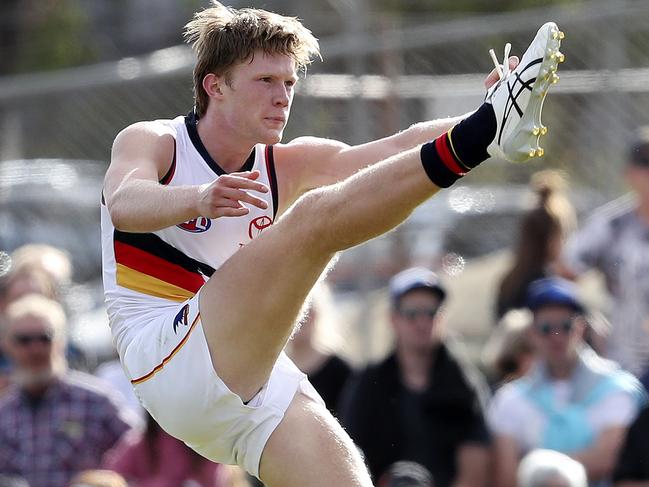 AFL - Adelaide Crows v Gold Coast at Noarlunga Oval. Fischer McAsey kicks his first goal in AFL Picture SARAH REED