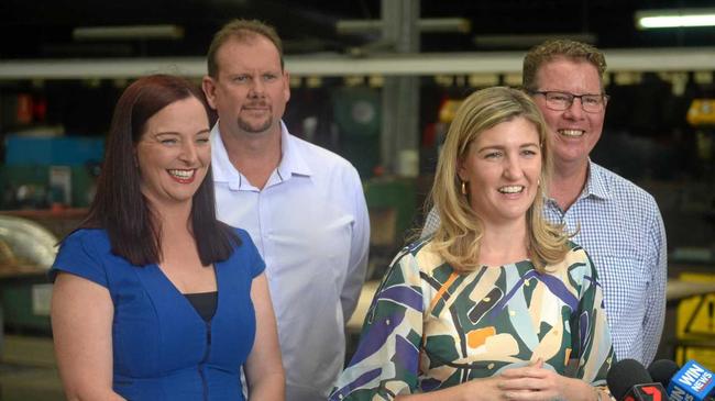 Brittany Lauga MP, Labor candidate Russell Robertson, Minister for Training and Skills Shannon Fentiman and Barry O'Rourke MP visit trainees at CQUniversity. Picture: Jann Houley