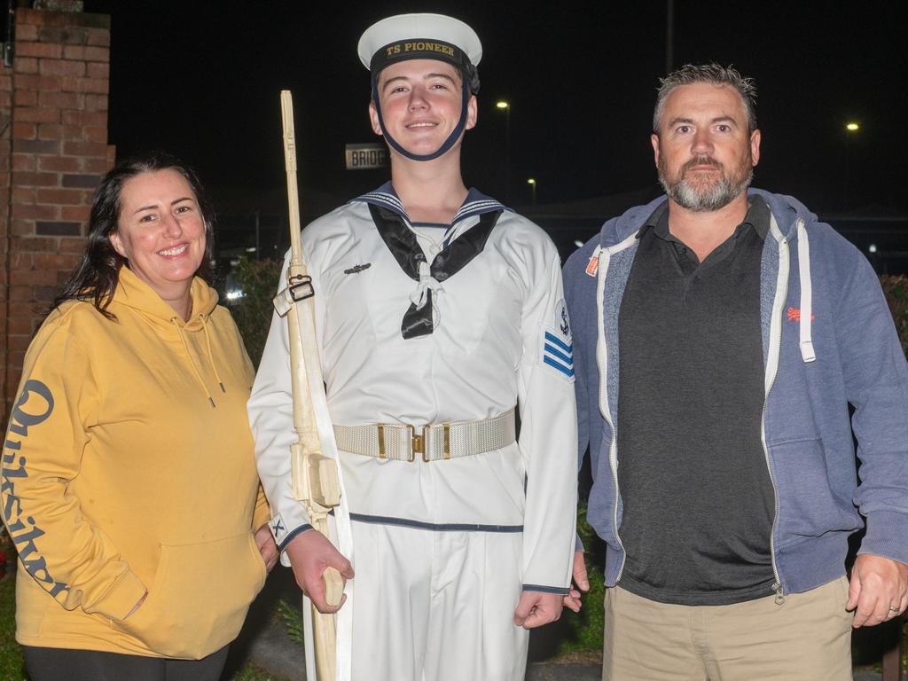 Jamie Kehoe, Noah Kehoe and Michelle Kehoe 5am ANZAC Day Walkerston Friday 25 April 2025 Picture:Michaela Harlow