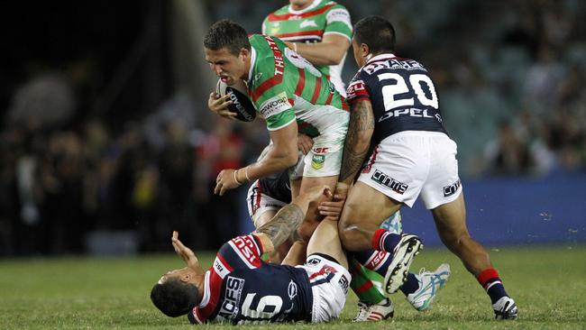 Sam Burgess ran right over the top of SBW in his 2013 NRL return. Picture: NRL Photos.