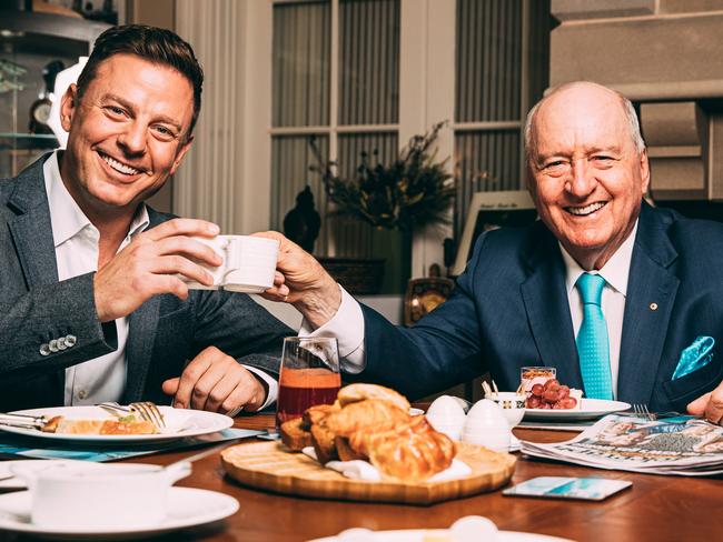 Alan Jones at his Southern Highlands home with Ben Fordham in 2020 after Fordham was named as Jones’ successor. Picture: Jonathan Ng