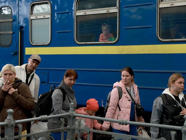 Mostly women and children arrive at the central train station from Pokrovsk, in the eastern part of Ukraine. Picture: Joe Raedle/Getty Images