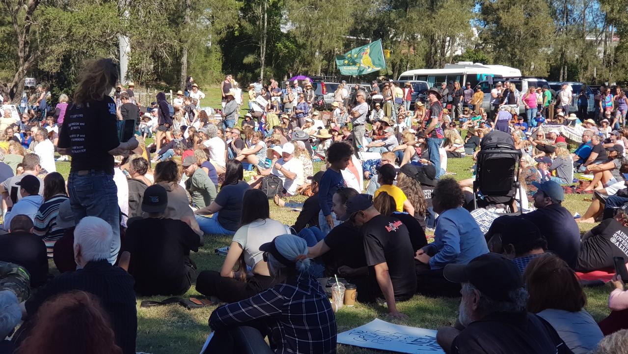 About 1000 people gathered to “rally for freed”, with many denouncing vaccines and masks too.