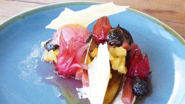 Roasted winter fruits, yoghurt and native hibiscus sorbet at Bush DeVine, Pauletts winery