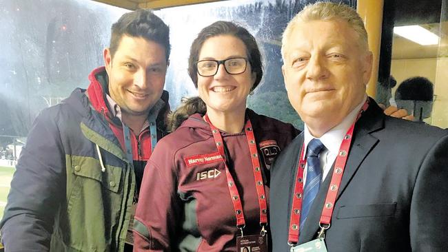 Matt Thompson, Jo Barrett and Phil Gould in the Channel 9 commentary box.