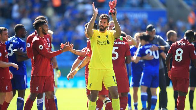 Liverpool goalkeeper Alisson applauds fans after their 2-1 win at Leicester City. Picture: Getty Images