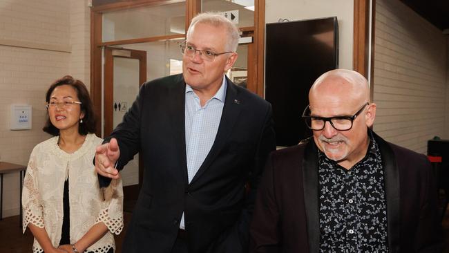 Prime Minister Scott Morrison visits Glen Waverley Baptist church service with Gladys Liu and Syndal Baptist Church senior pastor Chris Danes. Picture: Jason Edwards