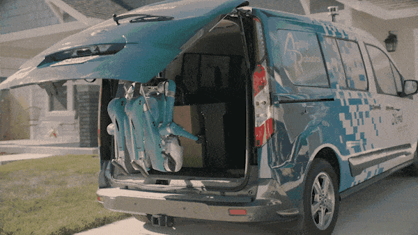 Ford's unfolding robot Digit sites in the back of a driverless van. Source: Media