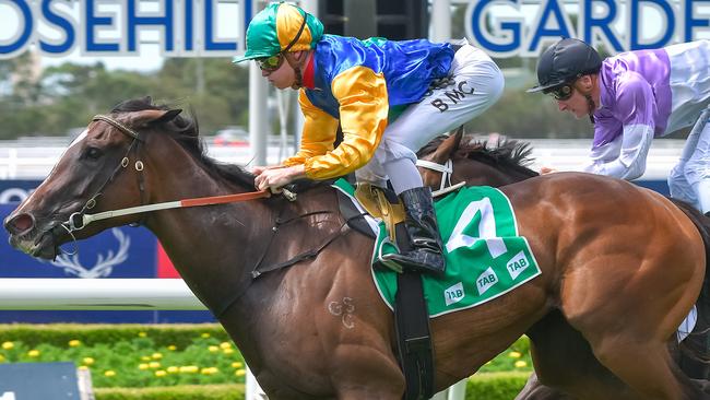 Try a Lil Harder ridden by Blaike McDougall wins race 1, the Tab Highway Handicap during the Silver Slipper Stakes Day at Rosehill Gardens in Sydney, Saturday, February 24, 2018. (AAP Image/Rafal Kontrym) NO ARCHIVING, EDITORIAL USE ONLY